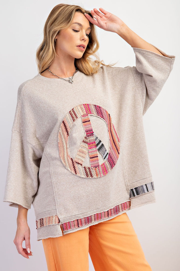 Easel Front Patchwork Peace Sign Wide Sleeve Knit Top