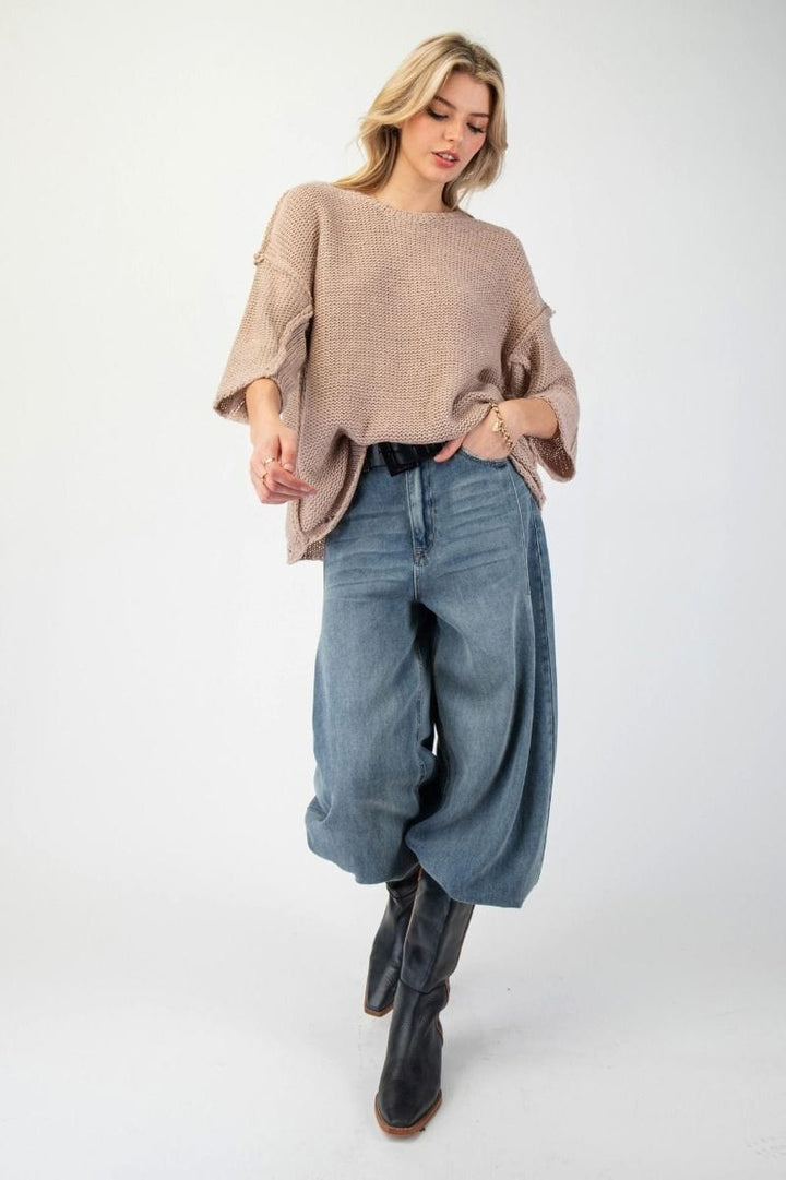 Easel Half Sleeve Inside Out Hem Boxy Fit Sweater