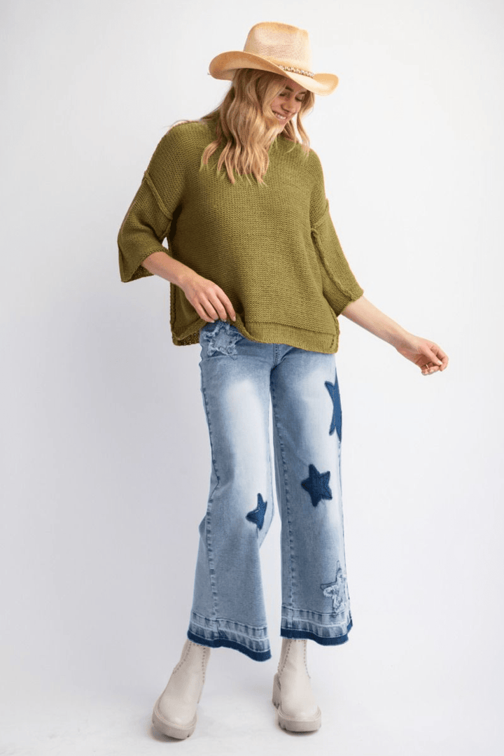 Easel Half Sleeve Inside Out Hem Boxy Fit Sweater