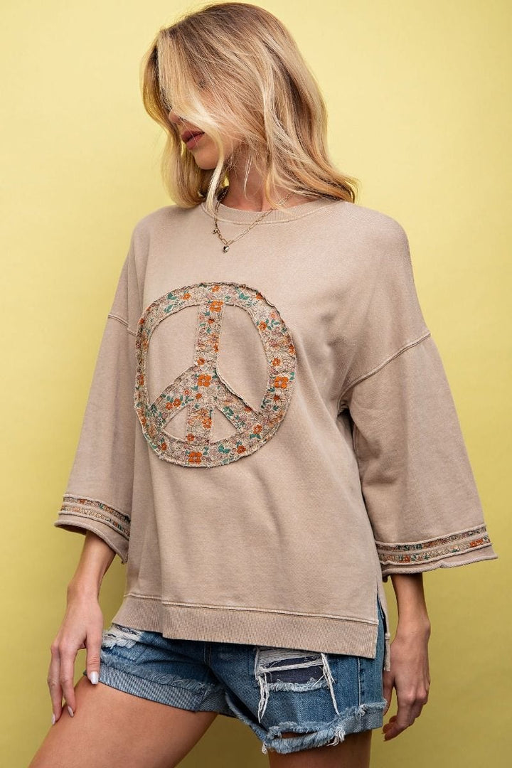 Easel Half Sleeve Peace Patch Front Mineral Wash Terry Knit Top