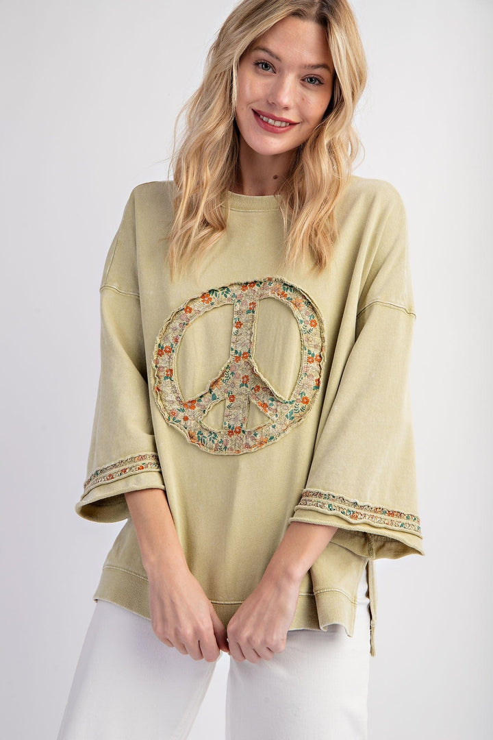 Easel Half Sleeve Peace Patch Front Mineral Wash Terry Knit Top