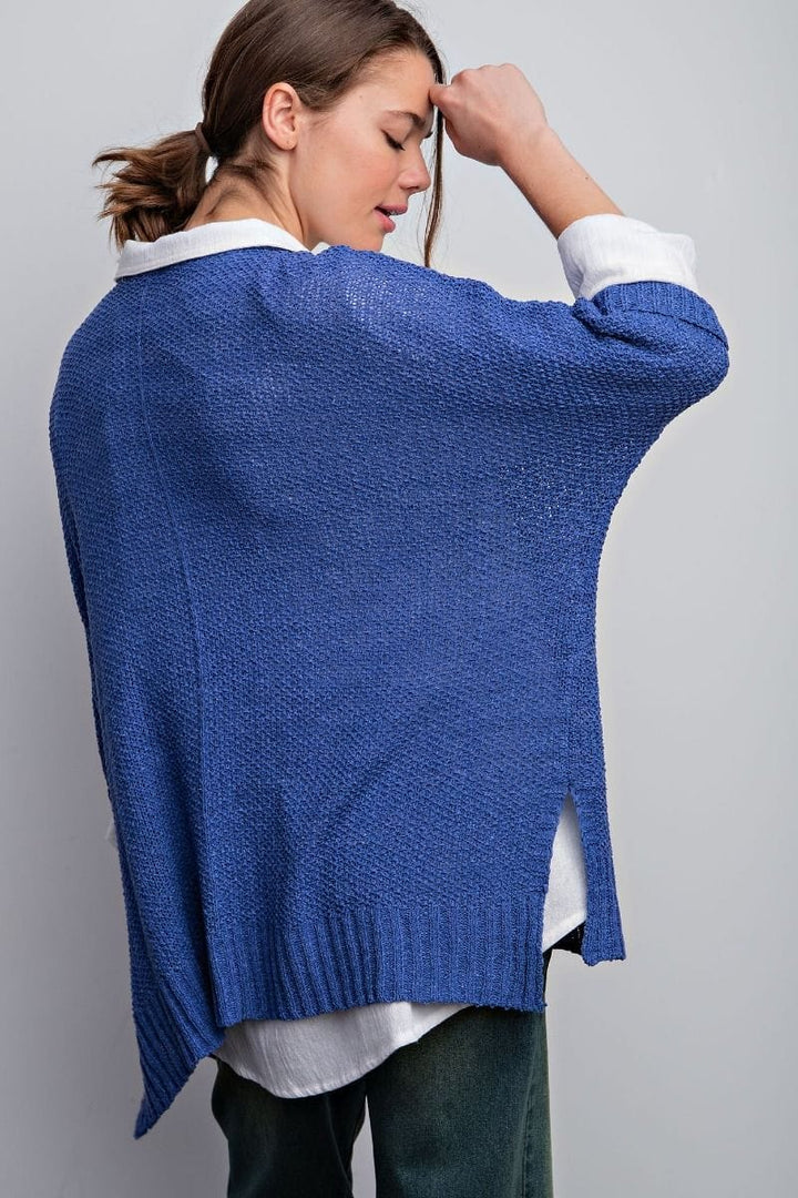 Easel Half Sleeve Round Neck Loose Knit Sweater