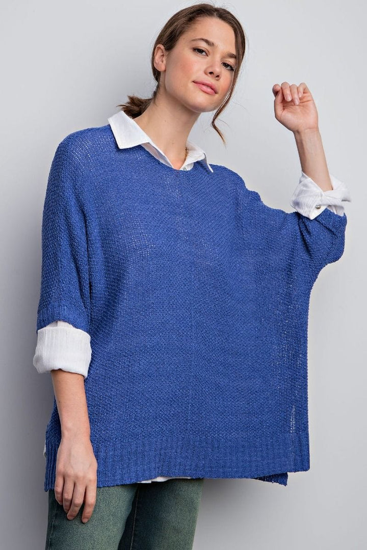 Easel Half Sleeve Round Neck Loose Knit Sweater