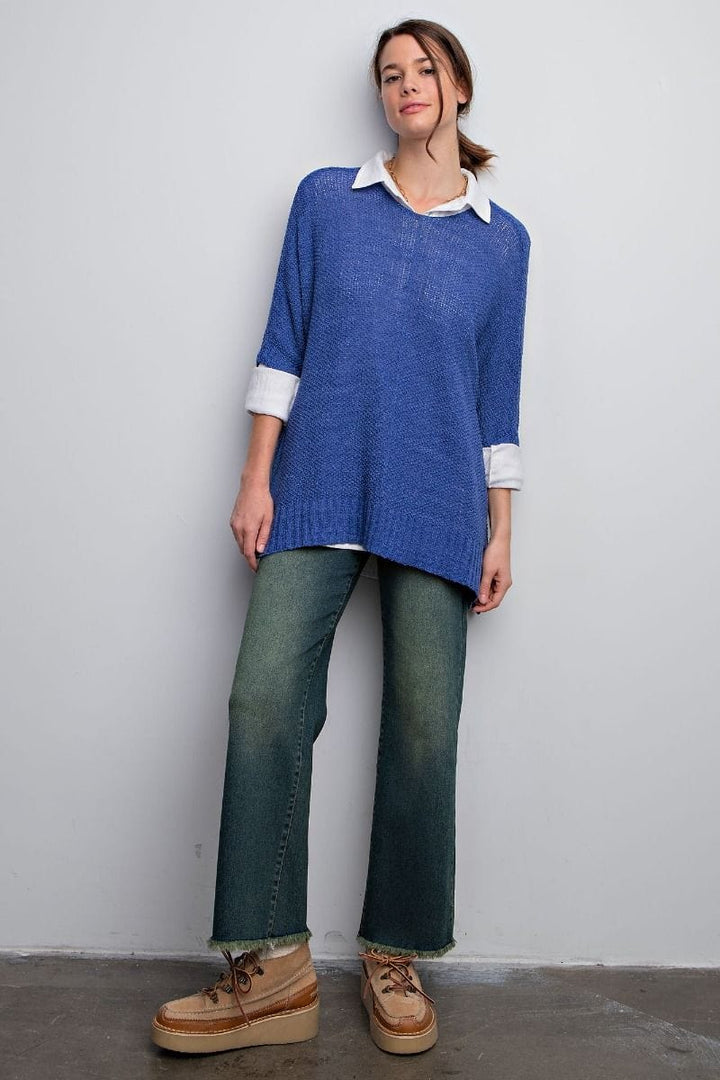 Easel Half Sleeve Round Neck Loose Knit Sweater