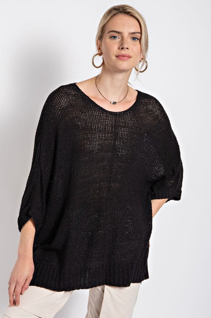 Easel Half Sleeve Round Neck Loose Knit Sweater