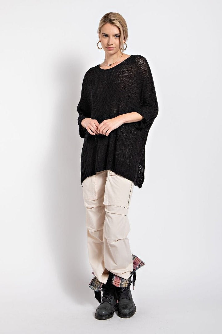 Easel Half Sleeve Round Neck Loose Knit Sweater