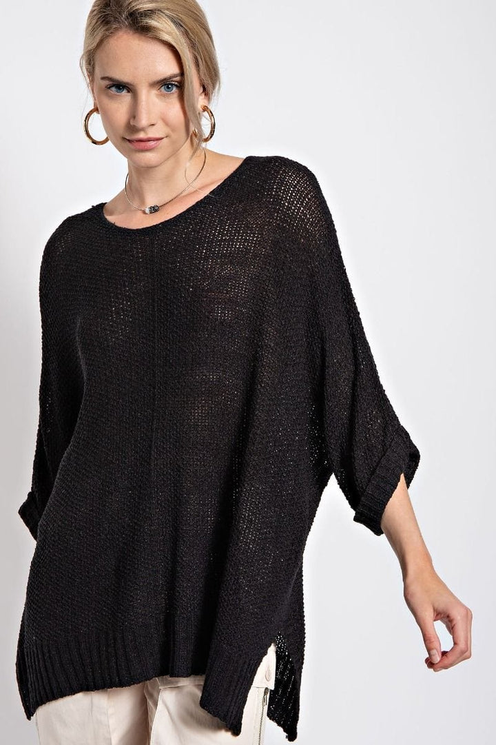 Easel Half Sleeve Round Neck Loose Knit Sweater