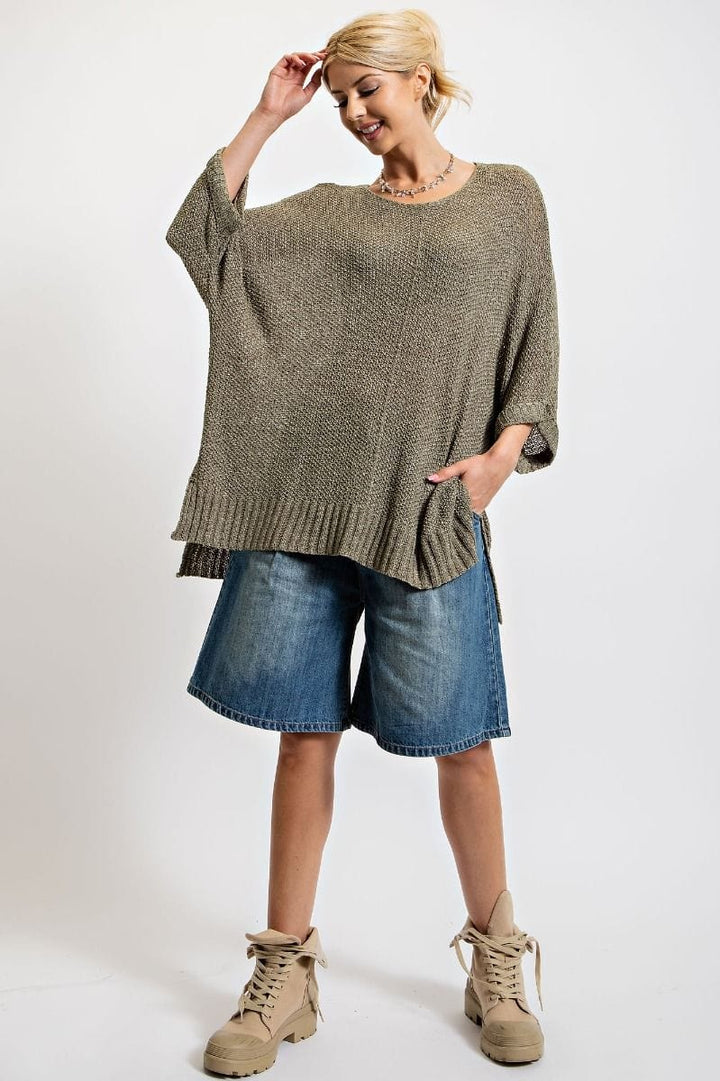 Easel Half Sleeve Round Neck Loose Knit Sweater