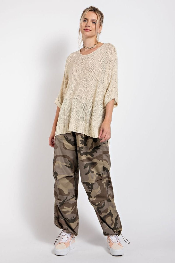 Easel Half Sleeve Round Neck Loose Knit Sweater