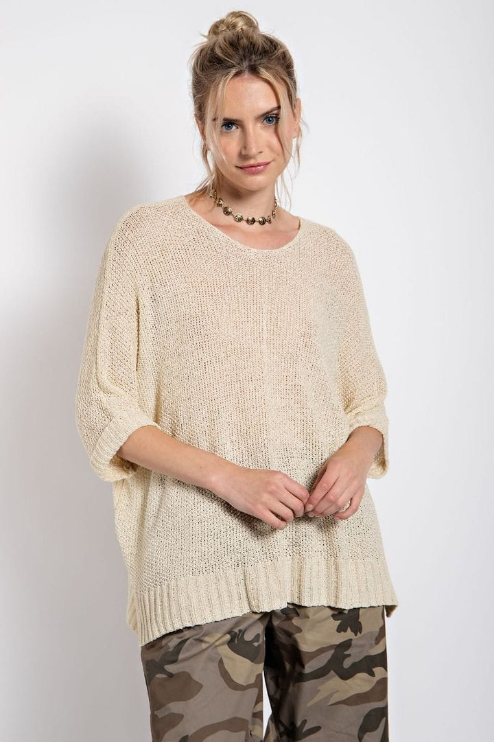 Easel Half Sleeve Round Neck Loose Knit Sweater