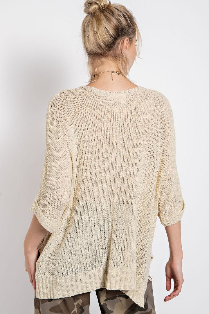 Easel Half Sleeve Round Neck Loose Knit Sweater