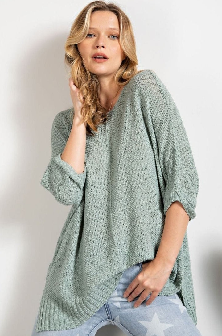 Easel Half Sleeve Round Neck Loose Knit Sweater