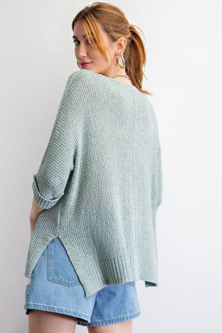 Easel Half Sleeve Round Neck Loose Knit Sweater