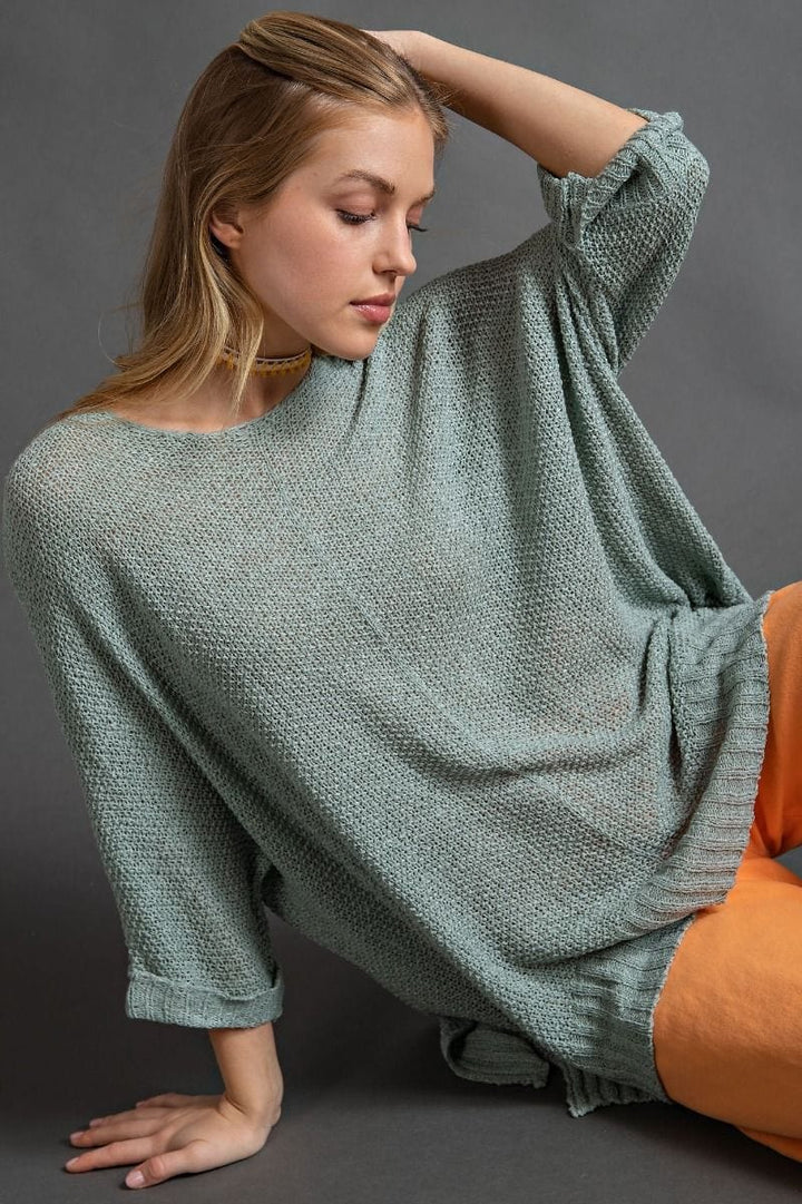 Easel Half Sleeve Round Neck Loose Knit Sweater