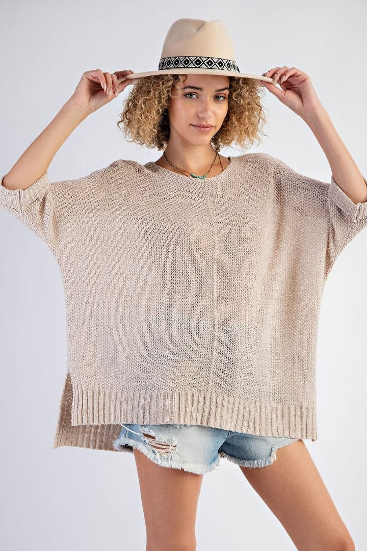 Easel Half Sleeve Round Neck Loose Knit Sweater