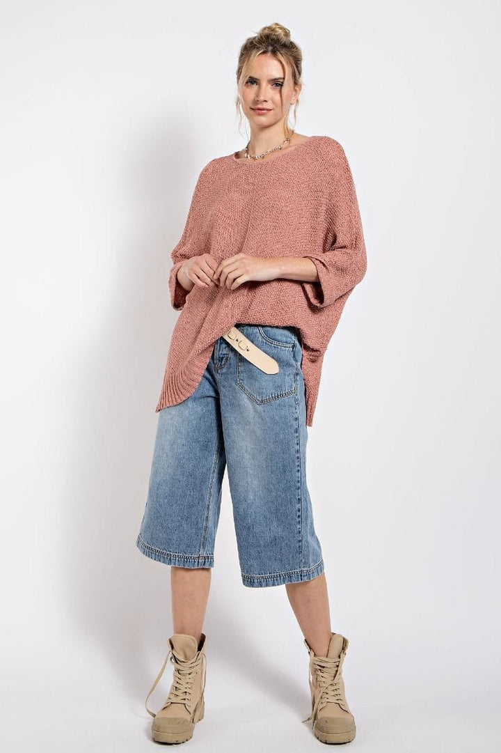 Easel Half Sleeve Round Neck Loose Knit Sweater