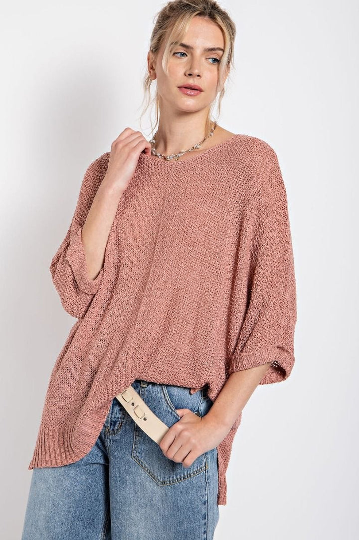 Easel Half Sleeve Round Neck Loose Knit Sweater