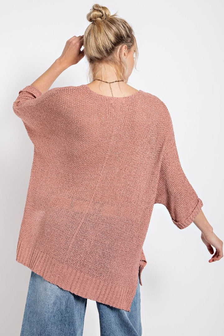 Easel Half Sleeve Round Neck Loose Knit Sweater