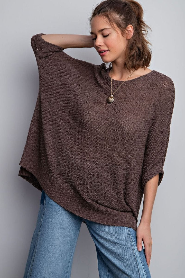 Easel Half Sleeve Round Neck Loose Knit Sweater