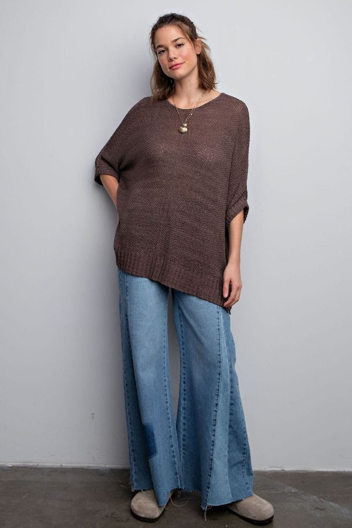 Easel Half Sleeve Round Neck Loose Knit Sweater