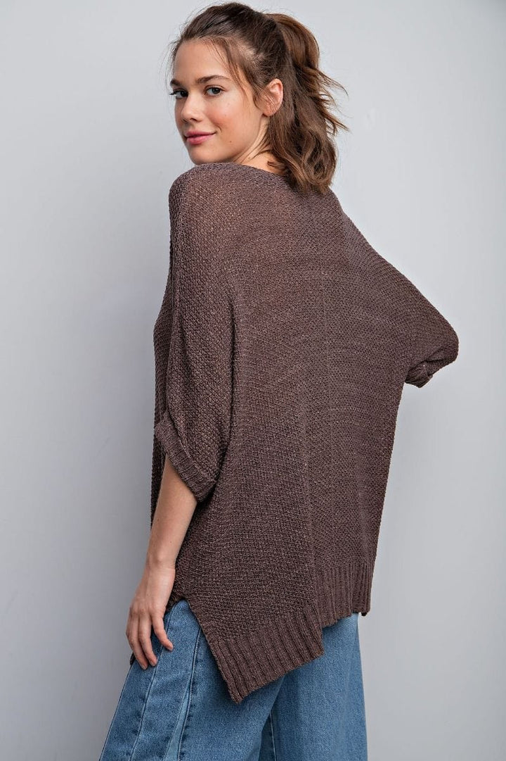 Easel Half Sleeve Round Neck Loose Knit Sweater