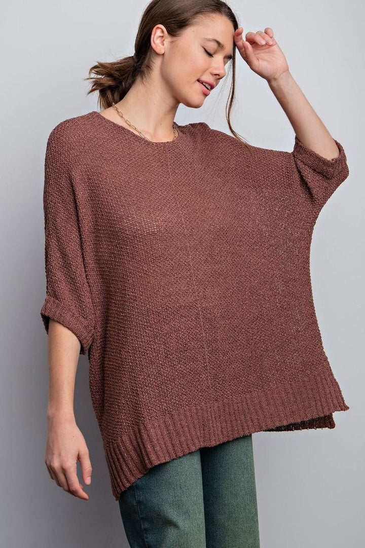 Easel Half Sleeve Round Neck Loose Knit Sweater