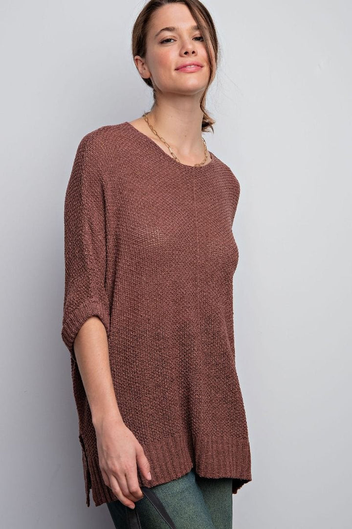 Easel Half Sleeve Round Neck Loose Knit Sweater