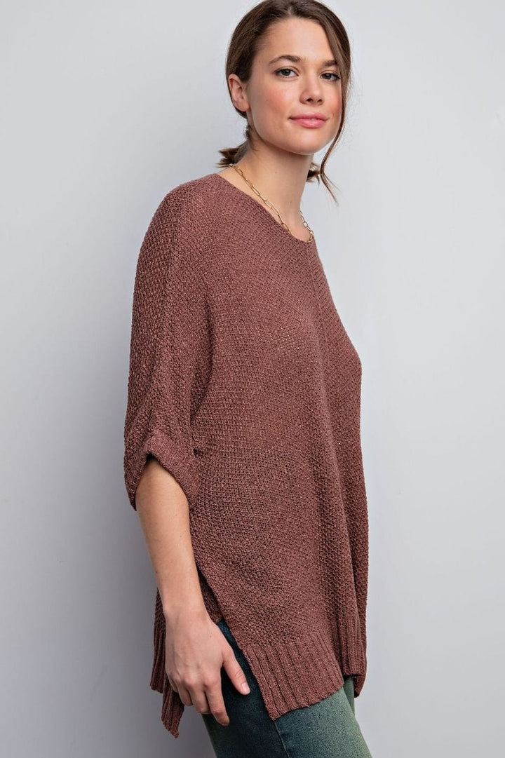 Easel Half Sleeve Round Neck Loose Knit Sweater