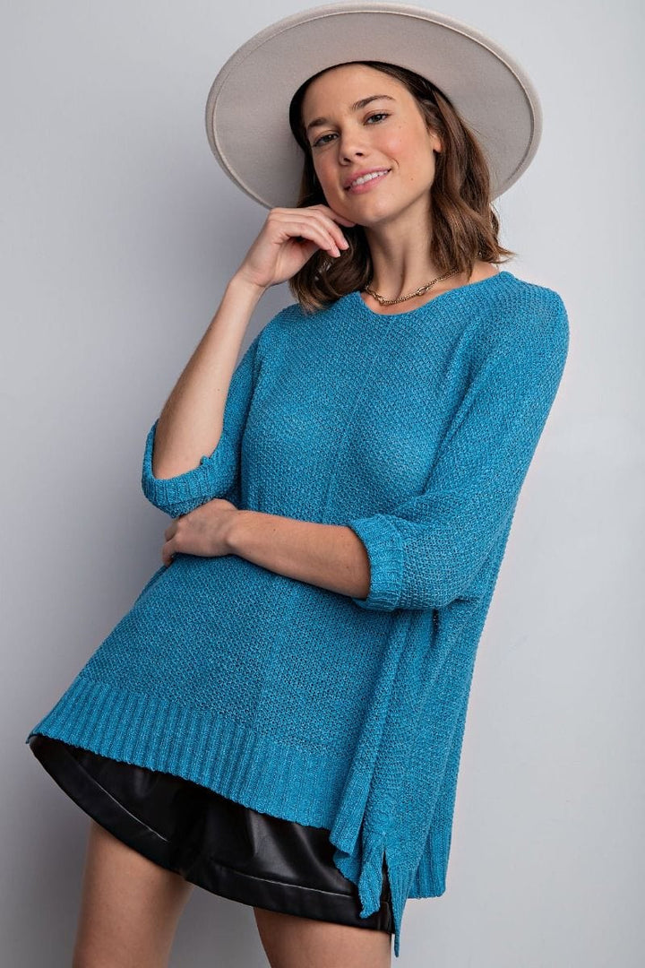 Easel Half Sleeve Round Neck Loose Knit Sweater