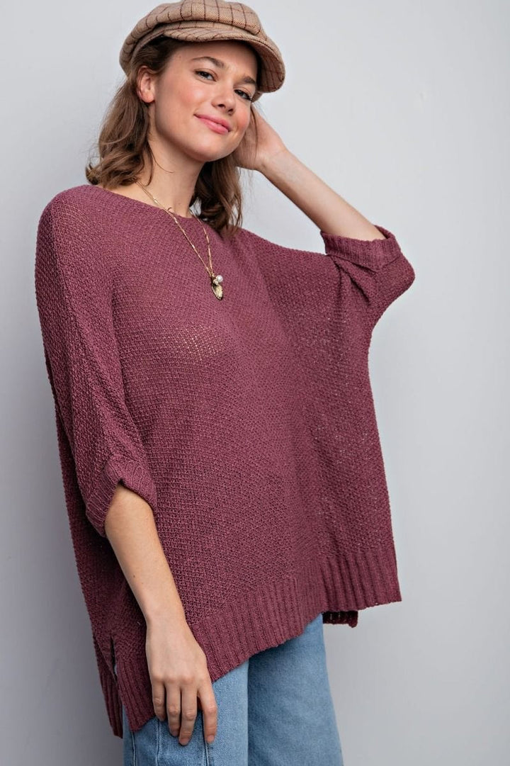 Easel Half Sleeve Round Neck Loose Knit Sweater