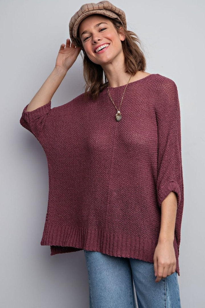 Easel Half Sleeve Round Neck Loose Knit Sweater