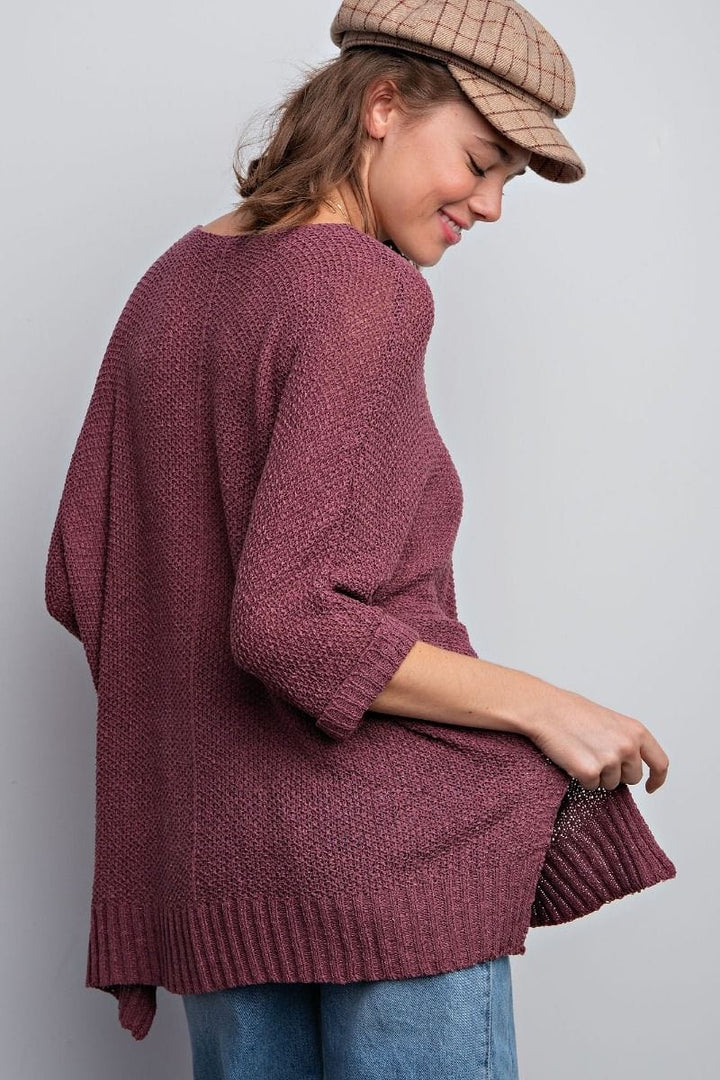 Easel Half Sleeve Round Neck Loose Knit Sweater