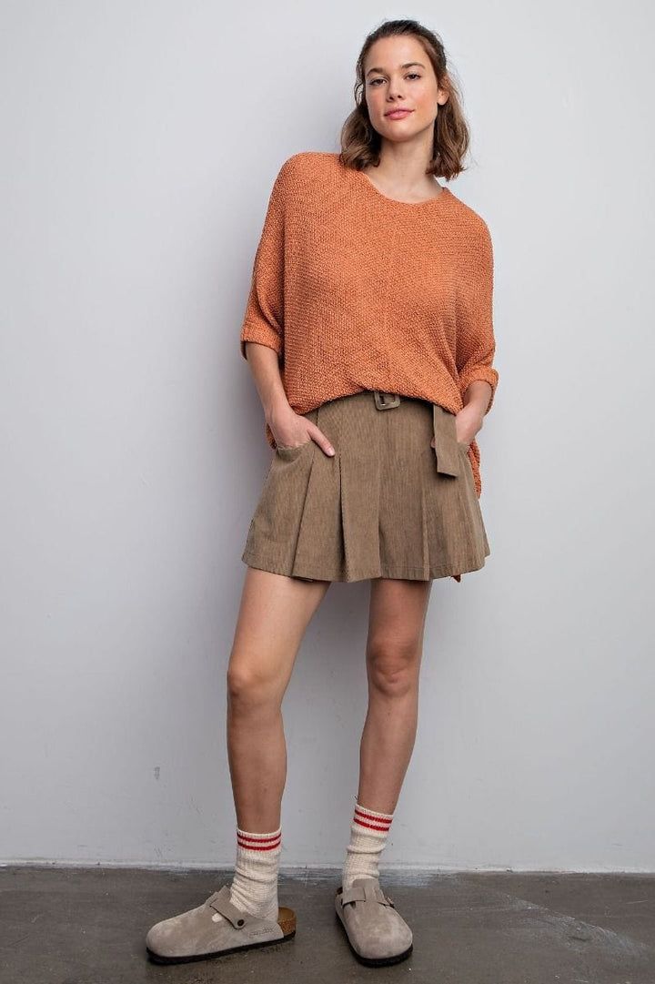 Easel Half Sleeve Round Neck Loose Knit Sweater