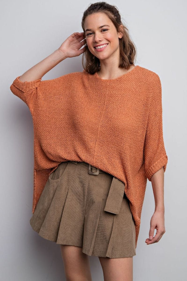 Easel Half Sleeve Round Neck Loose Knit Sweater