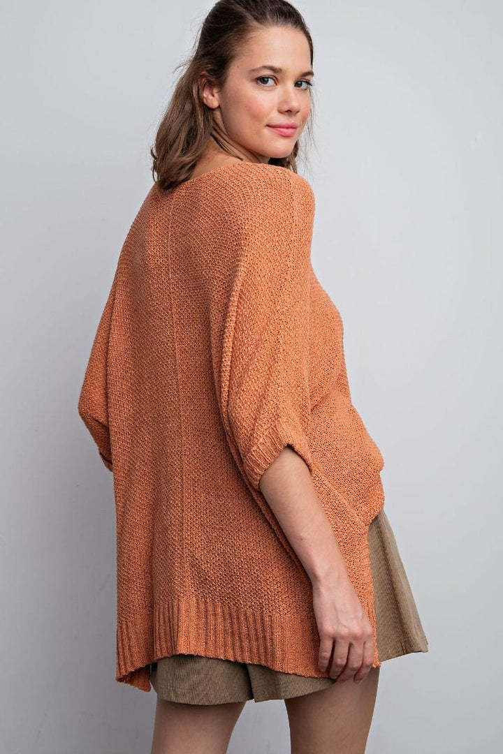 Easel Half Sleeve Round Neck Loose Knit Sweater