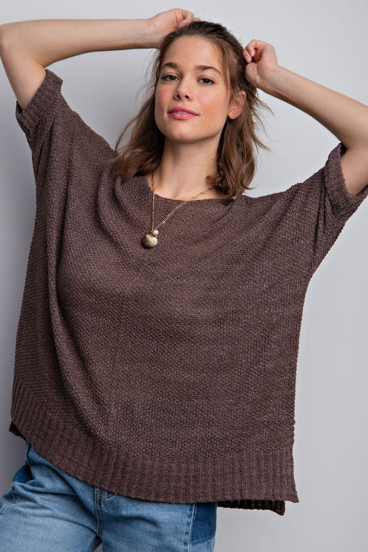 Easel Half Sleeve Round Neck Loose Knit Sweater