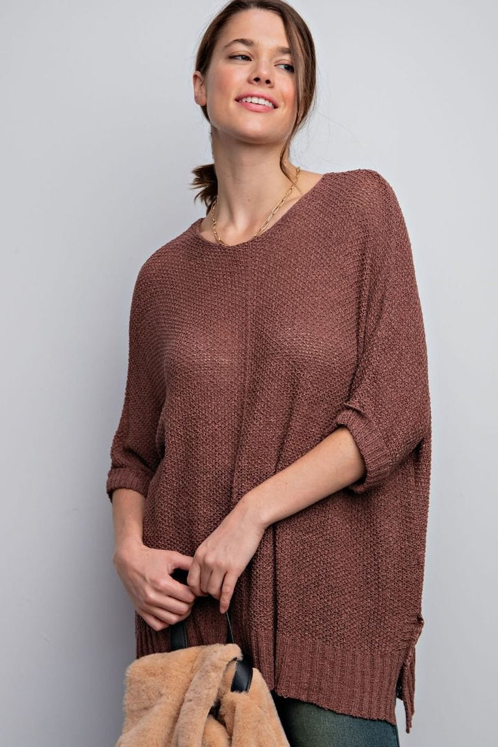 Easel Half Sleeve Round Neck Loose Knit Sweater