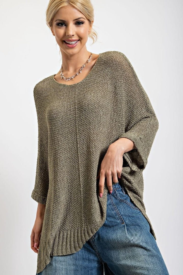 Easel Half Sleeve Round Neck Loose Knit Sweater