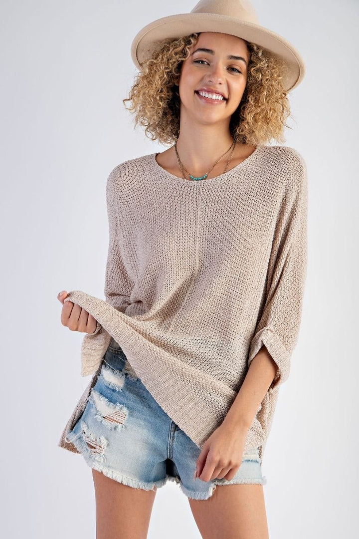 Easel Half Sleeve Round Neck Loose Knit Sweater