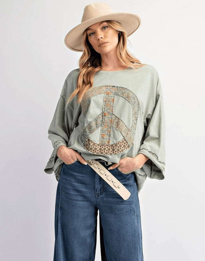 Easel Large Peace Patch Front Washed Cotton Jersey Top