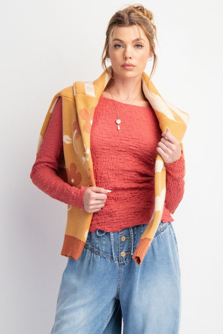 Easel Lightweight Popcorn Knit Fitted Long Sleeve Top