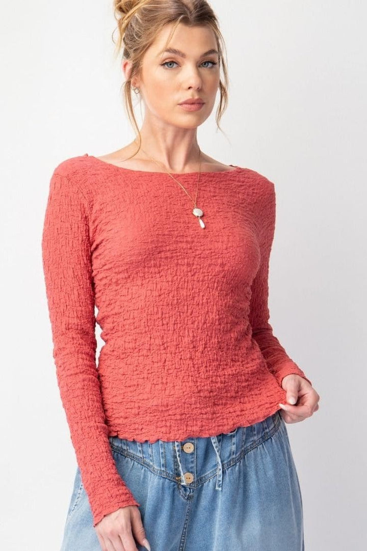 Easel Lightweight Popcorn Knit Fitted Long Sleeve Top