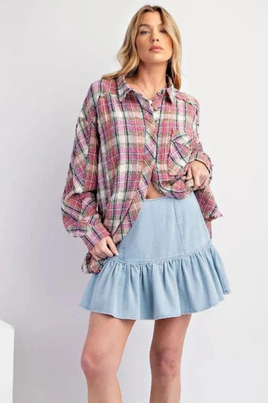 Easel Long Sleeve Crinkled Plaid Button Down Top