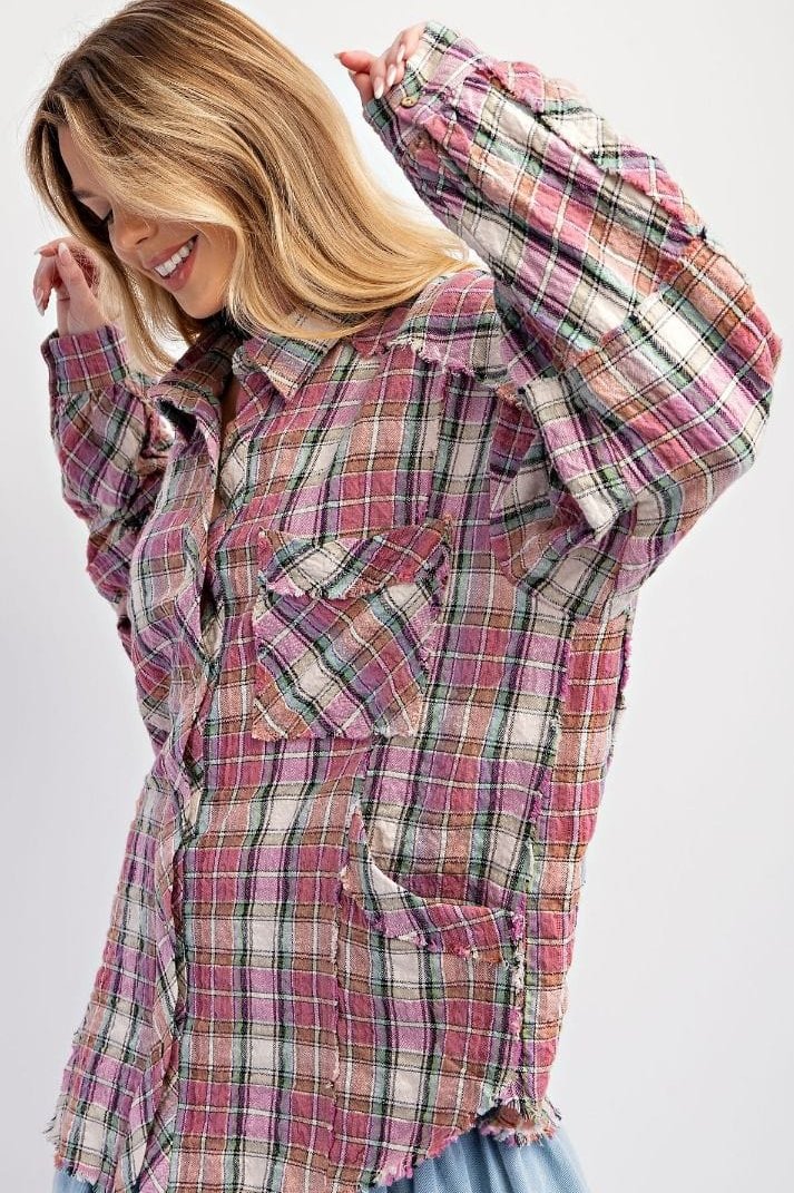 Easel Long Sleeve Crinkled Plaid Button Down Top