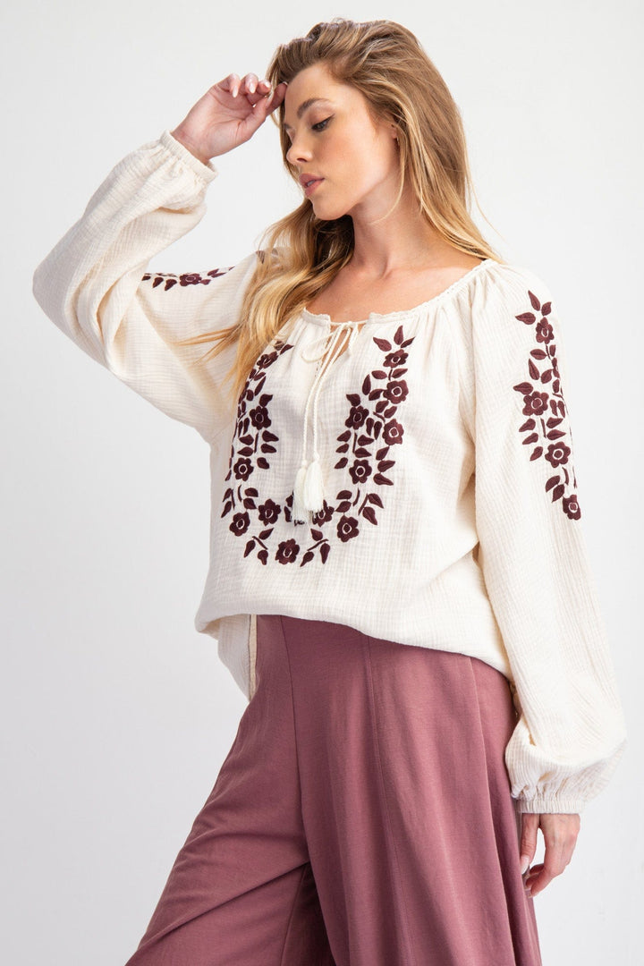 Easel Long Sleeve Embroidery Detailed Bubble Sleeve Blouse Top