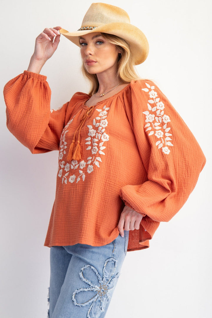 Easel Long Sleeve Embroidery Detailed Bubble Sleeve Blouse Top