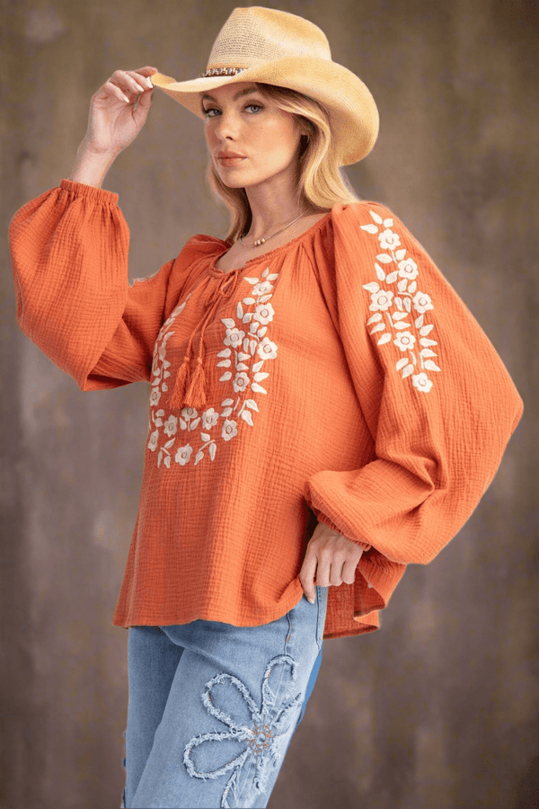 Easel Long Sleeve Embroidery Detailed Bubble Sleeve Blouse Top