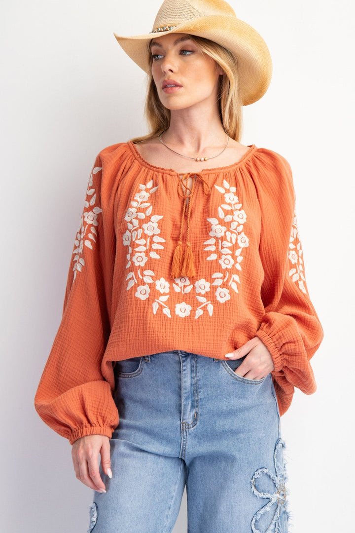 Easel Long Sleeve Embroidery Detailed Bubble Sleeve Blouse Top