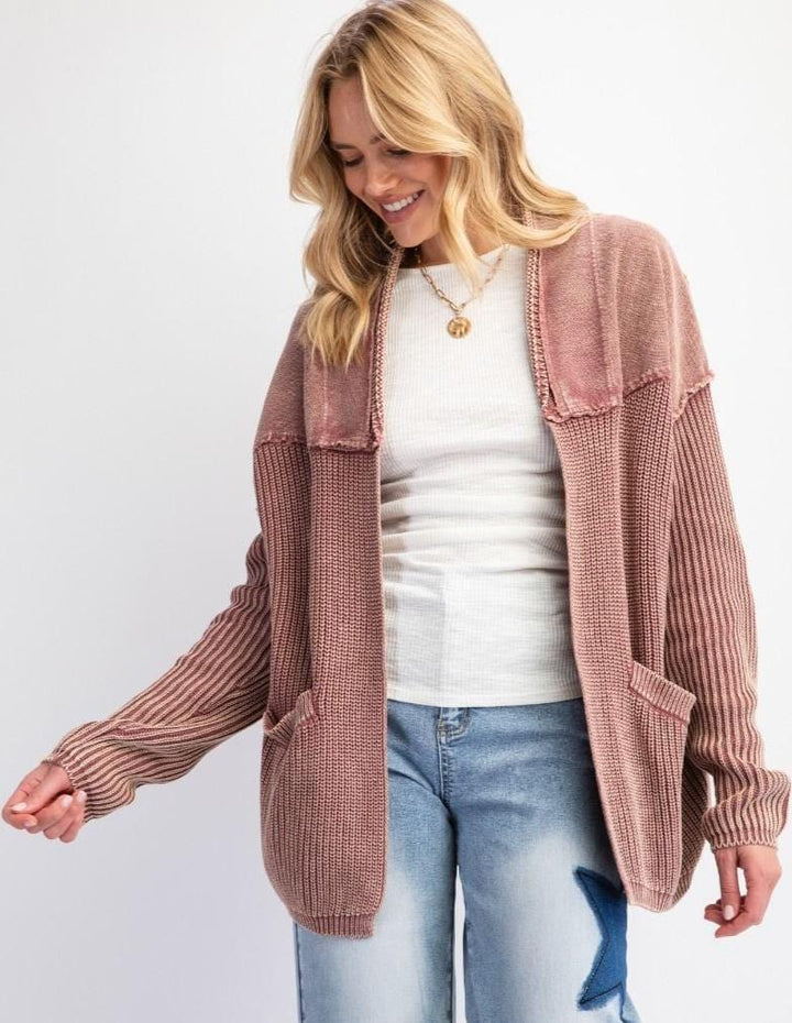 Easel Long Sleeve French Terry Knit Mix Cardigan