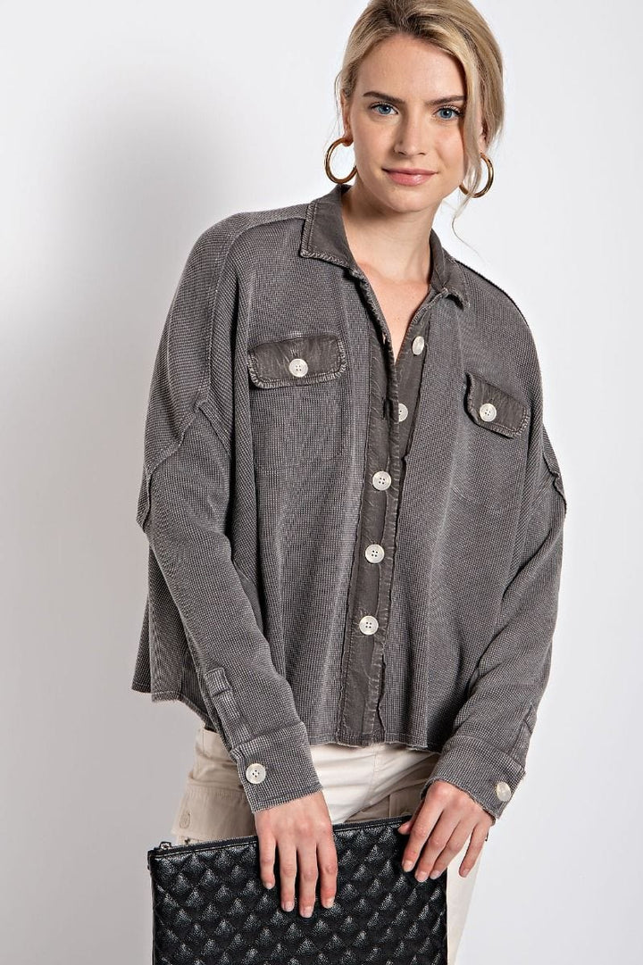 Easel Long Sleeve Mineral Washed Thermal Button Down Shirt